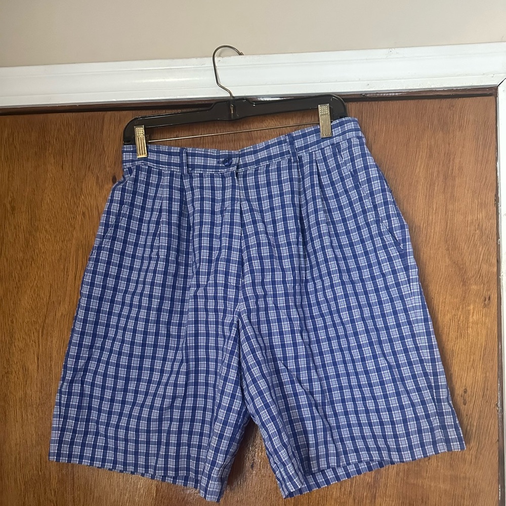 JANTZEN CLASSICS Boys Blue Check Cotton Blend Shorts Size 14 Waist 30” Pockets
